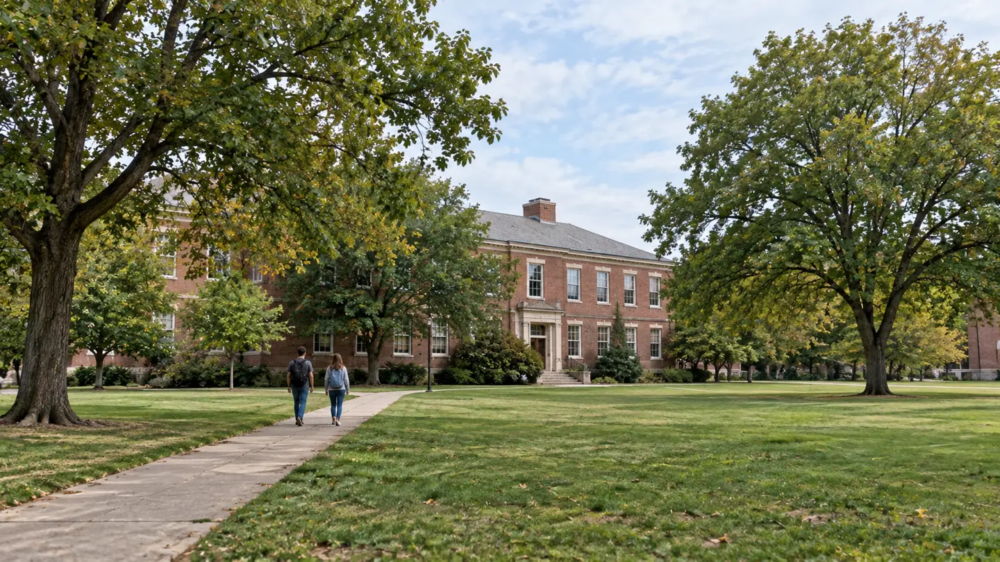 University campus with students walking along a path