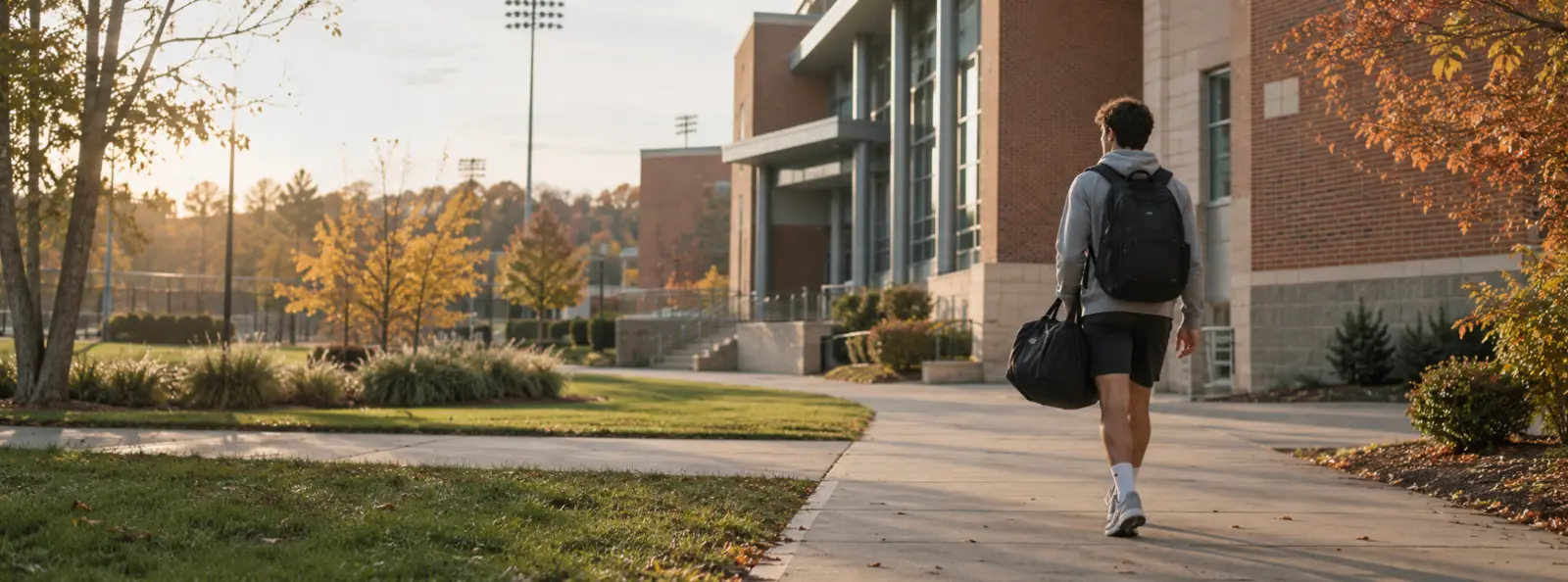 Student-athlete walking across a college campus with a backpack and sports bag