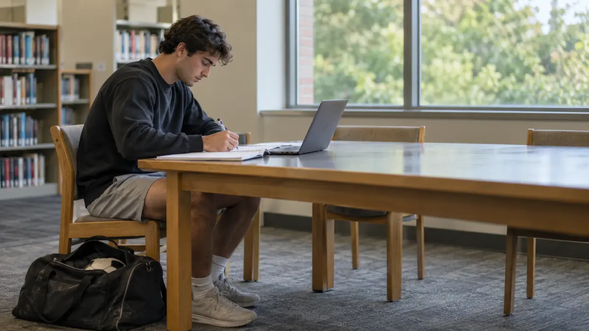 Student working at a table in a library